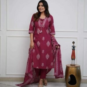 Women's Cotton Printed Straight Kurti with pant and Dupatta Set