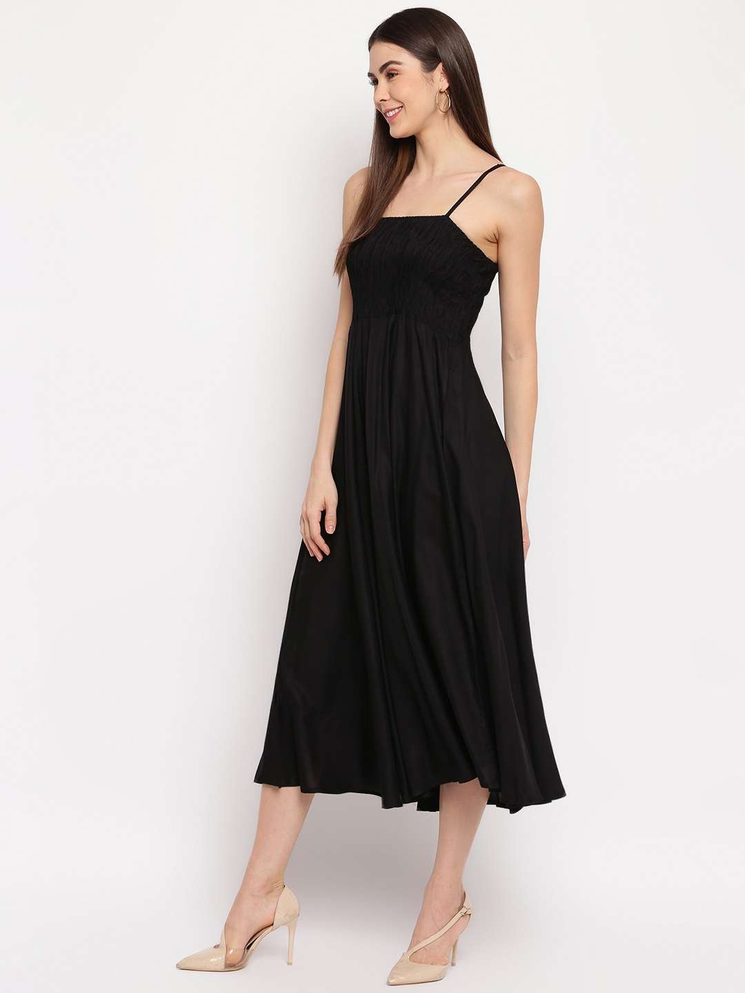 Women's Viscose Rayon Solid Shoulder Straps Sleeveless Flared Gown Drees (Black) - Image 5