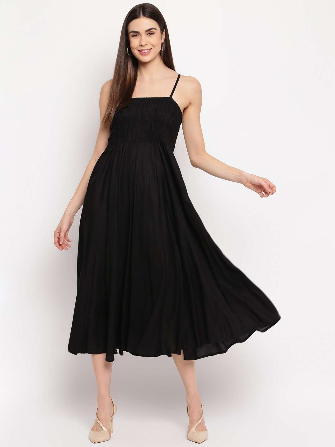 Women's Viscose Rayon Solid Shoulder Straps Sleeveless Flared Gown Drees (Black) - Image 4