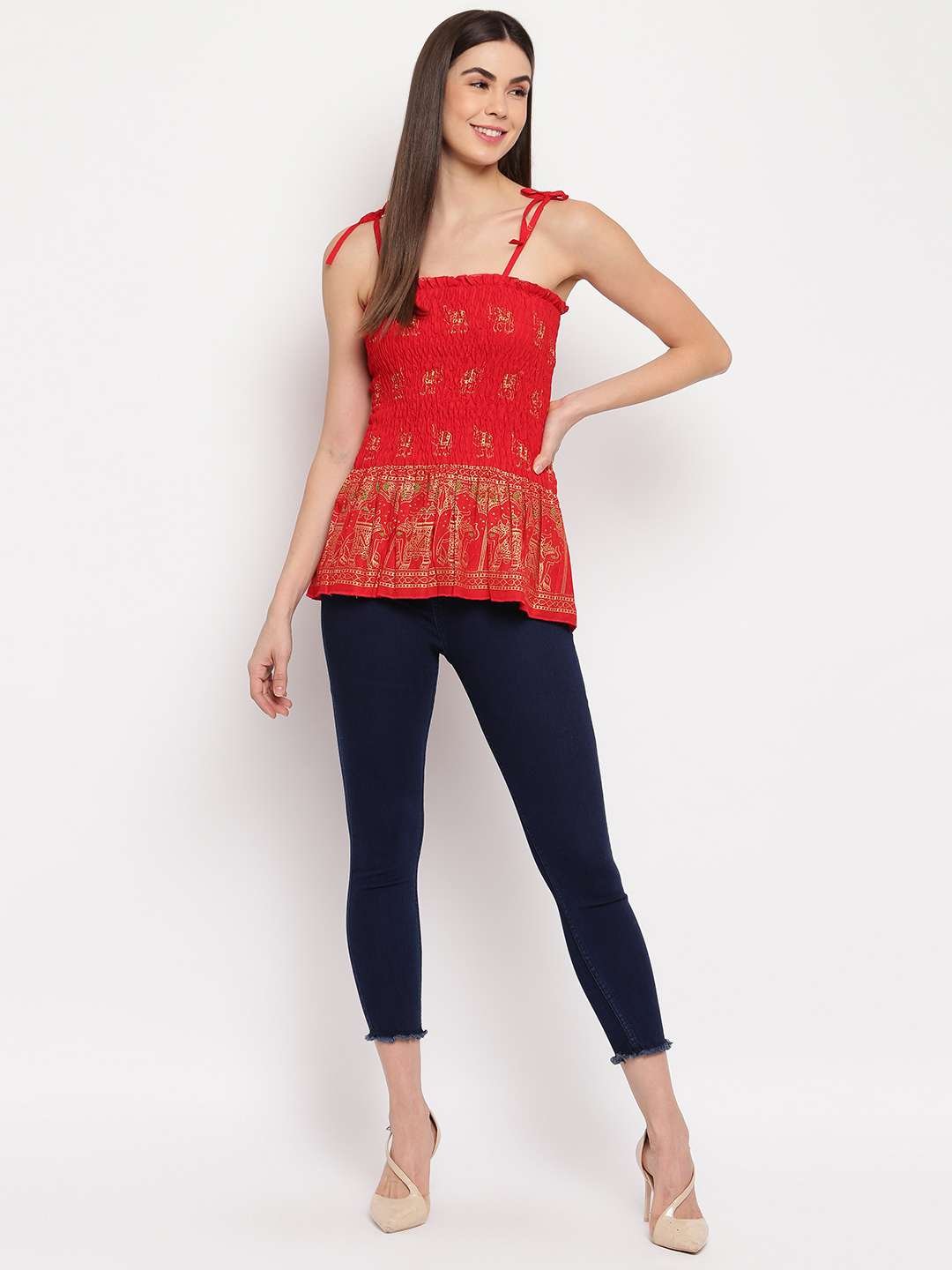 Women's Rayon Elephant Print Casual Summer Style Tie Shoulder Straps Free Size Tank Top ( Red Gold Pattern) - Image 3
