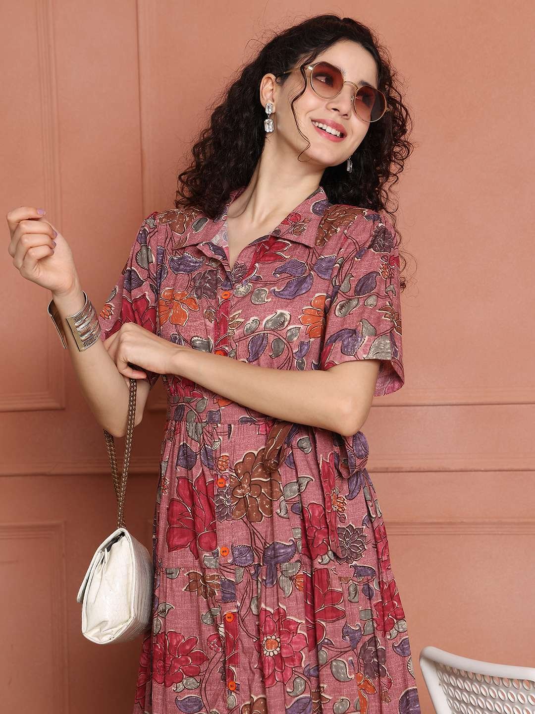 Women's Cotton Printed A-Line Midi Dress | Short Sleeve Flared Gown Dress (Pink) - Image 6