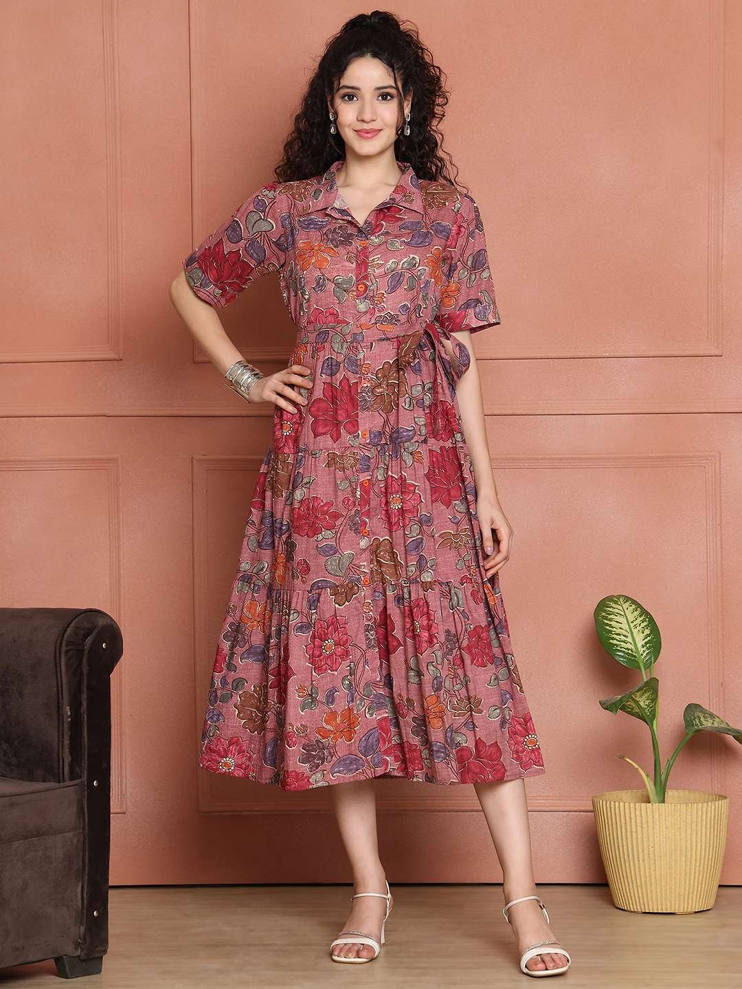 Women's Cotton Printed A-Line Midi Dress | Short Sleeve Flared Gown Dress (Pink) - Image 7