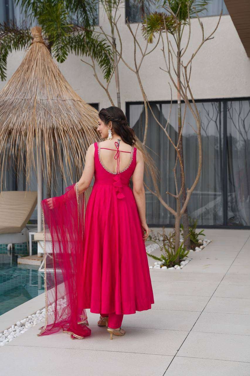 Womens Pure Romansilk Chanderi Anarkali Kurti with Pant & Dupatta Set - Image 8
