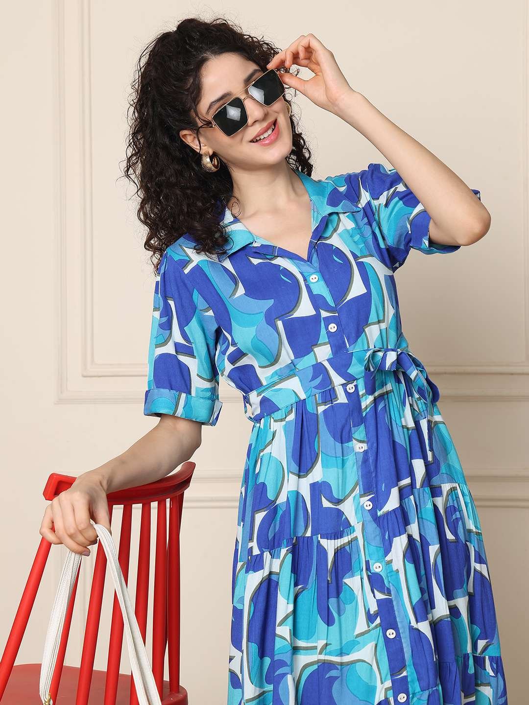 Women's Cotton Printed A-Line Midi Dress | Short Sleeve Flared Gown Dress (Navy Blue) - Image 5