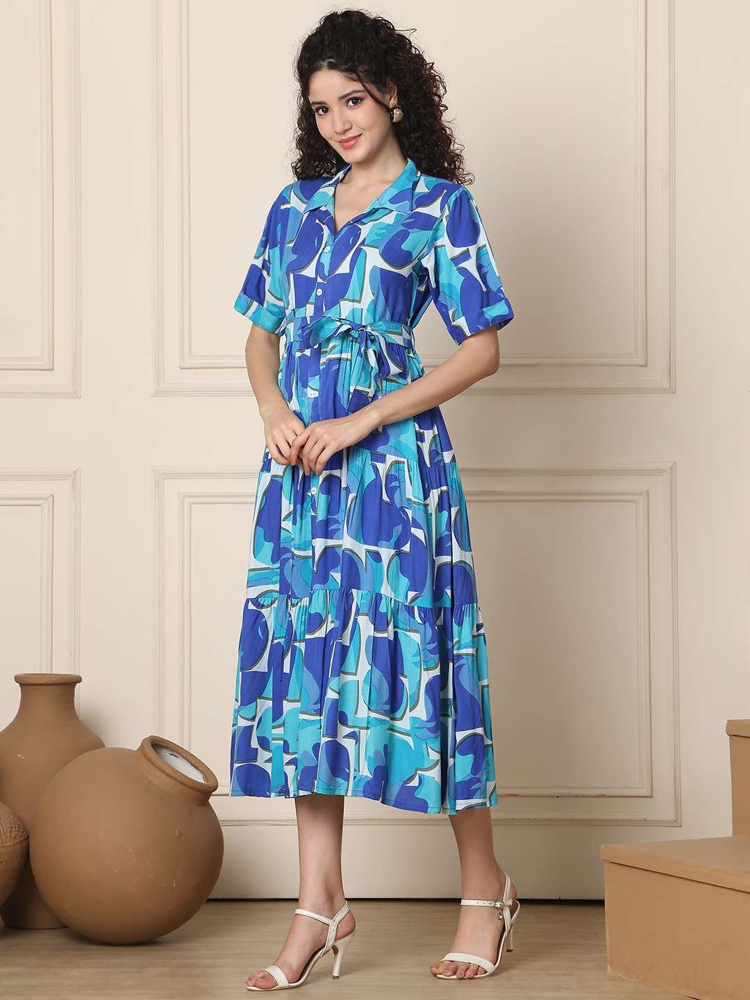 Women's Cotton Printed A-Line Midi Dress | Short Sleeve Flared Gown Dress (Navy Blue) - Image 2